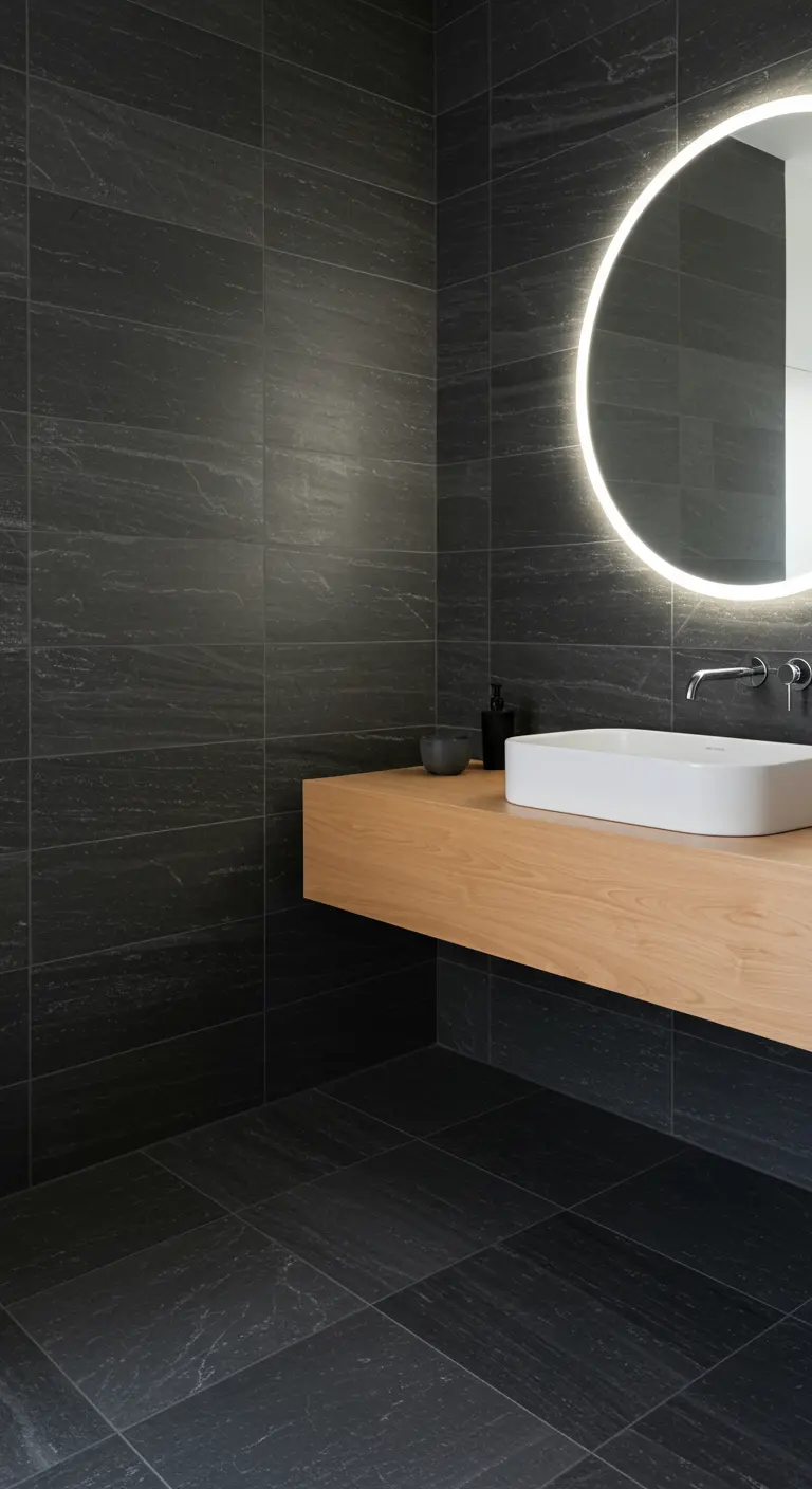 Minimalistische donkere badkamer met een zwevende houten plank en een grote ronde spiegel met verlichting.
