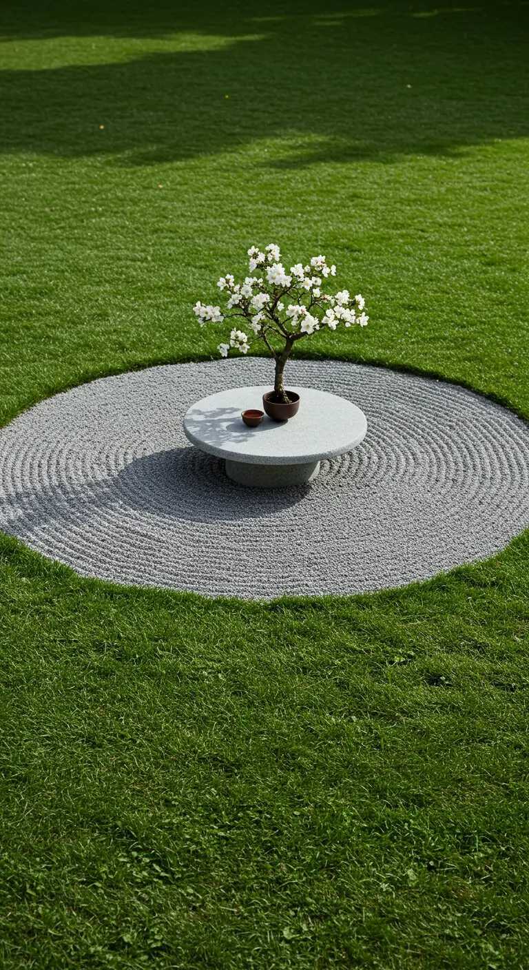 Perfect rond eiland van grind in een grasveld met een laag tafeltje en bloesem-bonsai.