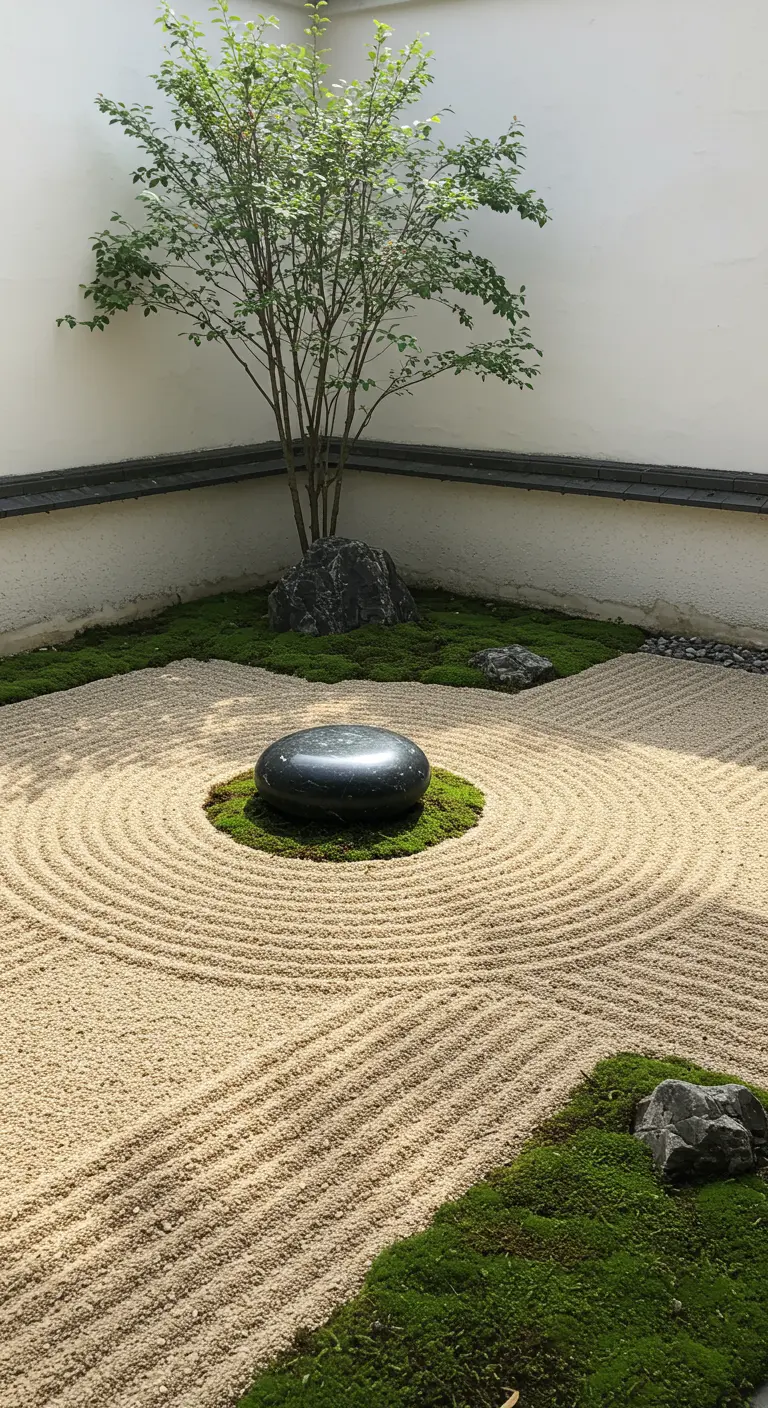 Zen-hoekje met geharkt zandkleurig grind, grote zwarte steen en mos.