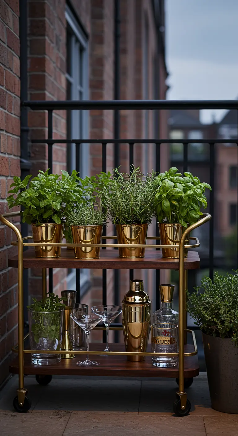 Goudkleurige barcart met kruiden in messing potten op de bovenste plank.