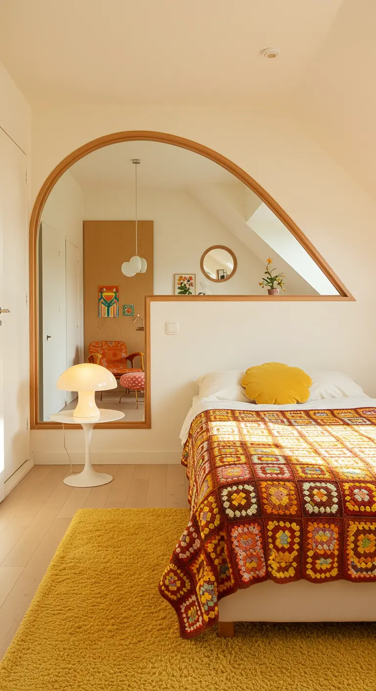 Witte slaapkamer met een kleurrijke gehaakte sprei en een boogvormige spiegel.