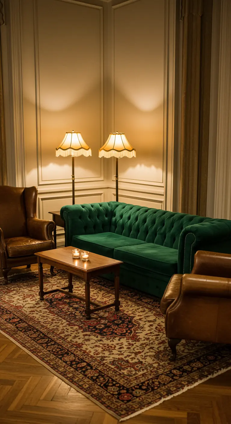 Sfeervolle loungehoek met een groene velvet bank, leren fauteuils en vintage lampen.