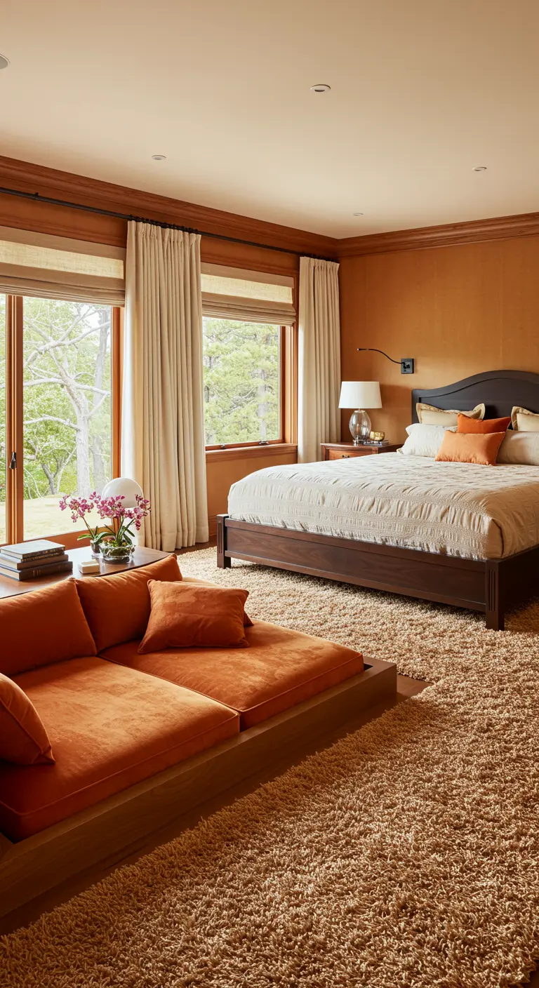 Slaapkamer met een verlaagde oranje loungebank en een hoogpolig tapijt.