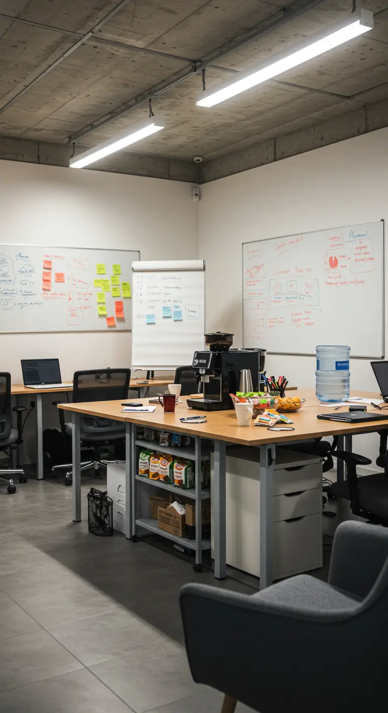 Kantoorruimte met whiteboards, bureaus en een centrale koffietafel, ingericht voor een bijeenkomst.