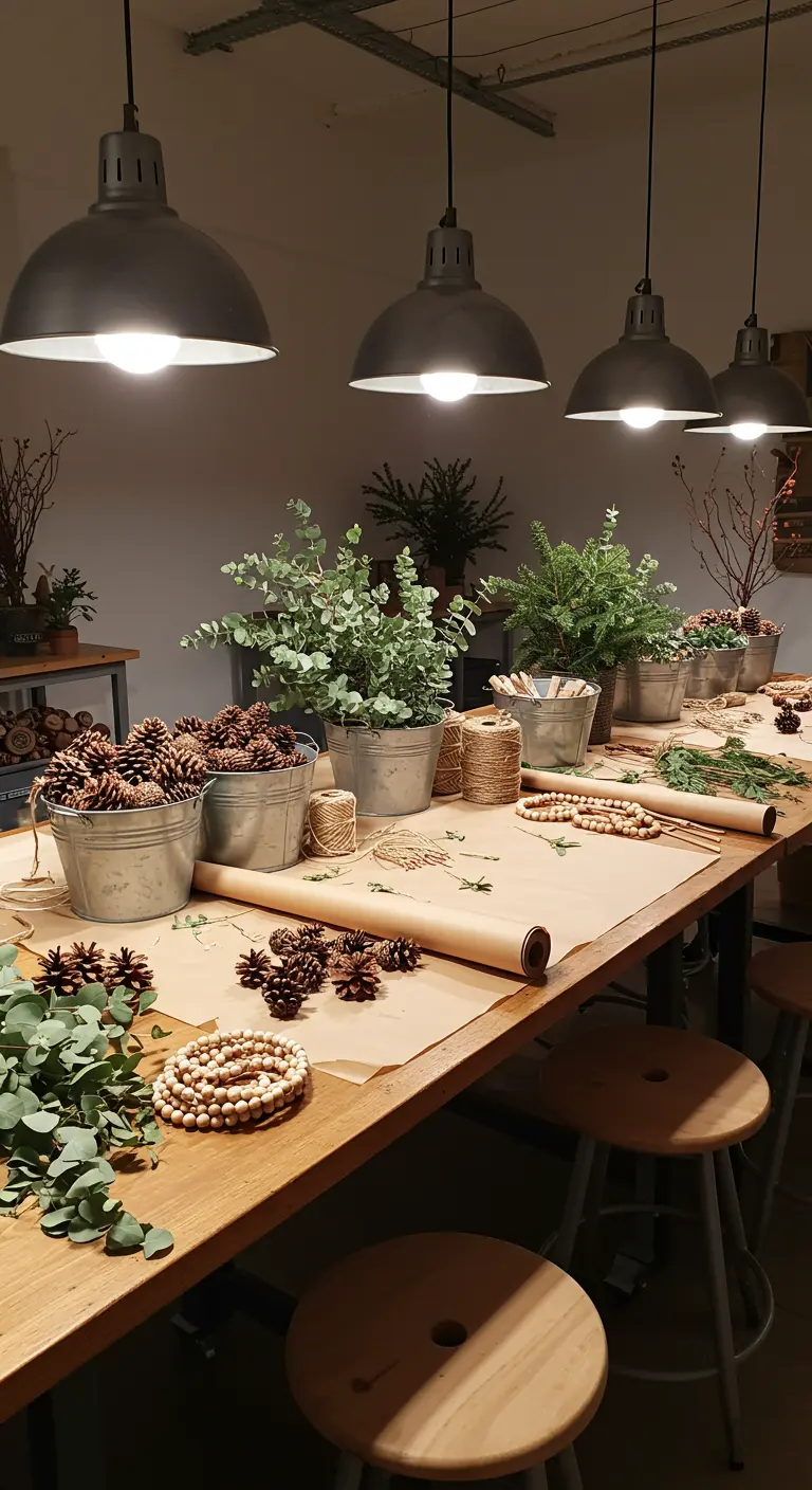 Lange werktafel met knutselmateriaal zoals dennenappels en eucalyptus.