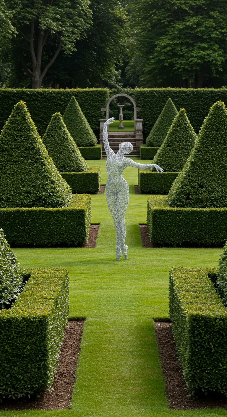 Sculptuur van een danseres gemaakt van gaas in een strakke, formele tuin.