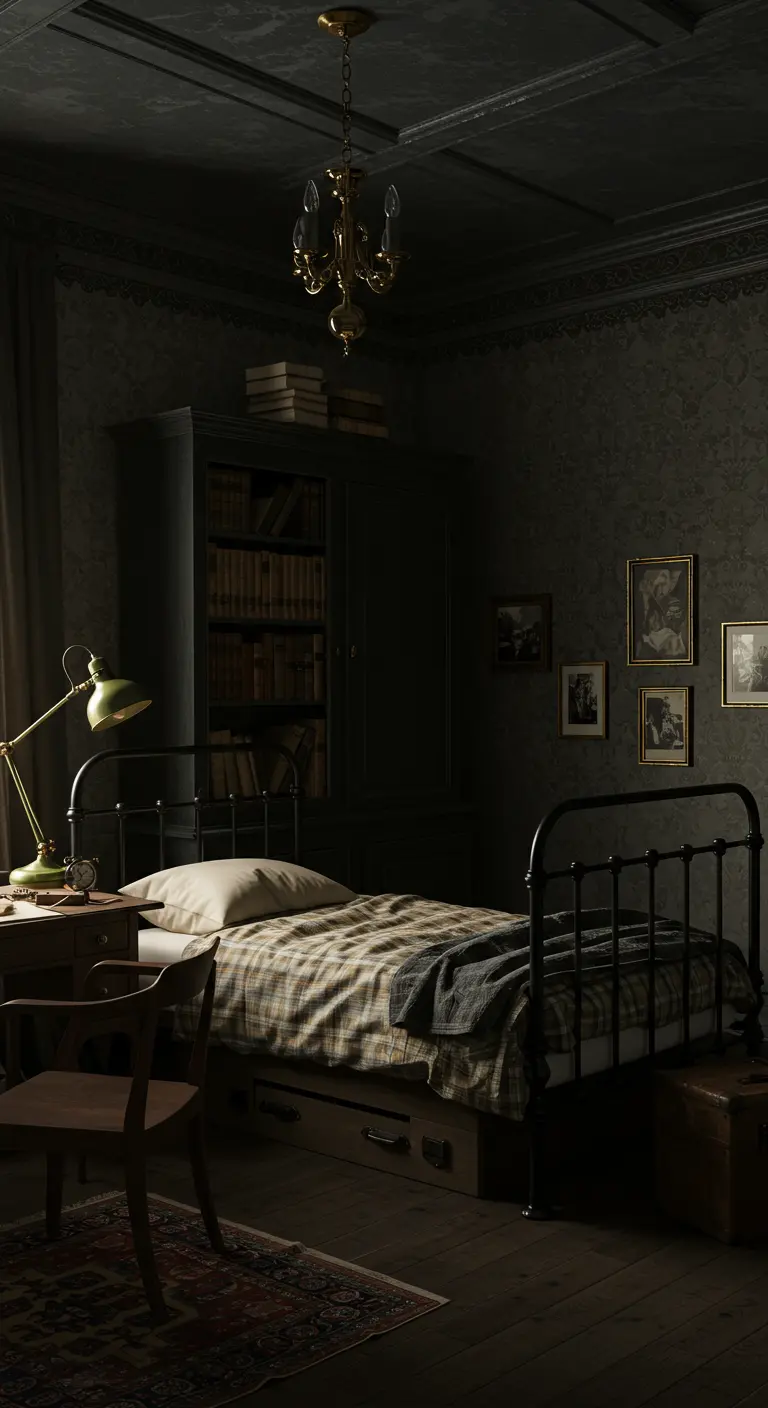 Donkere slaapkamer met een zwart ijzeren bed, boekenkast, en een kleine gouden kroonluchter.
