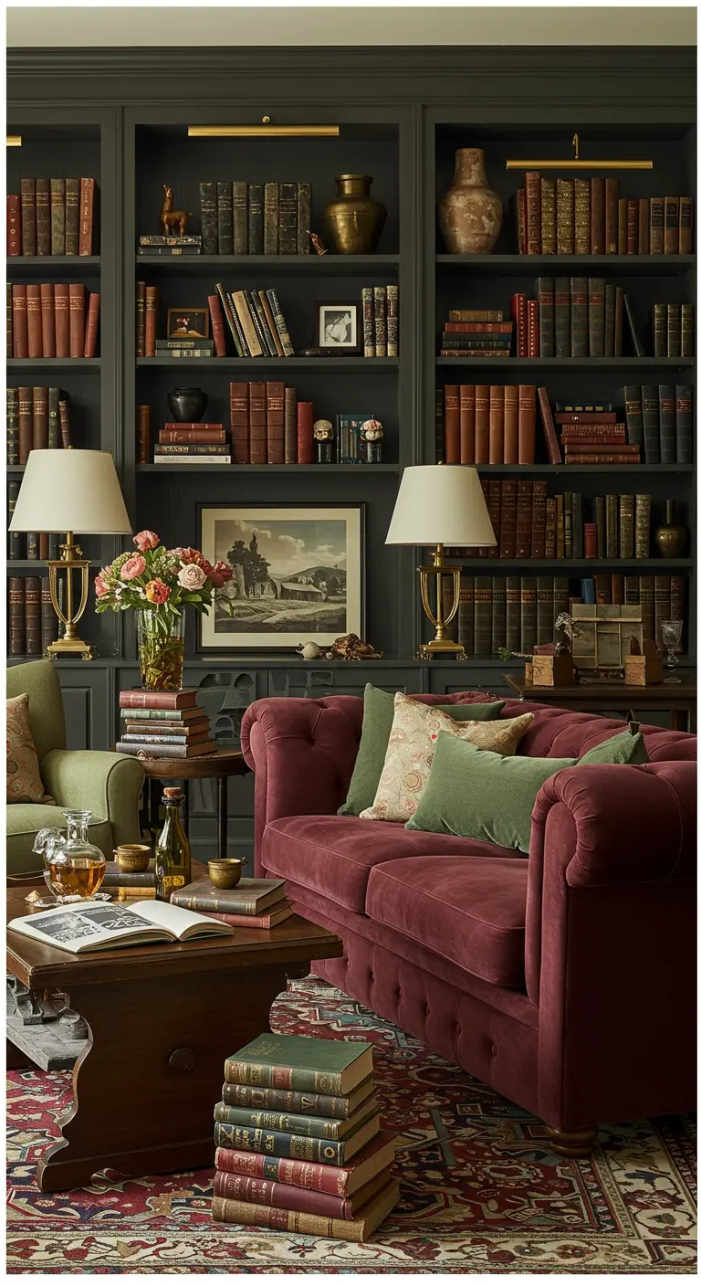 Klassieke bibliotheekkamer met donkerrode bank, waar pastelkleurige bloemen en kussens voor contrast zorgen.
