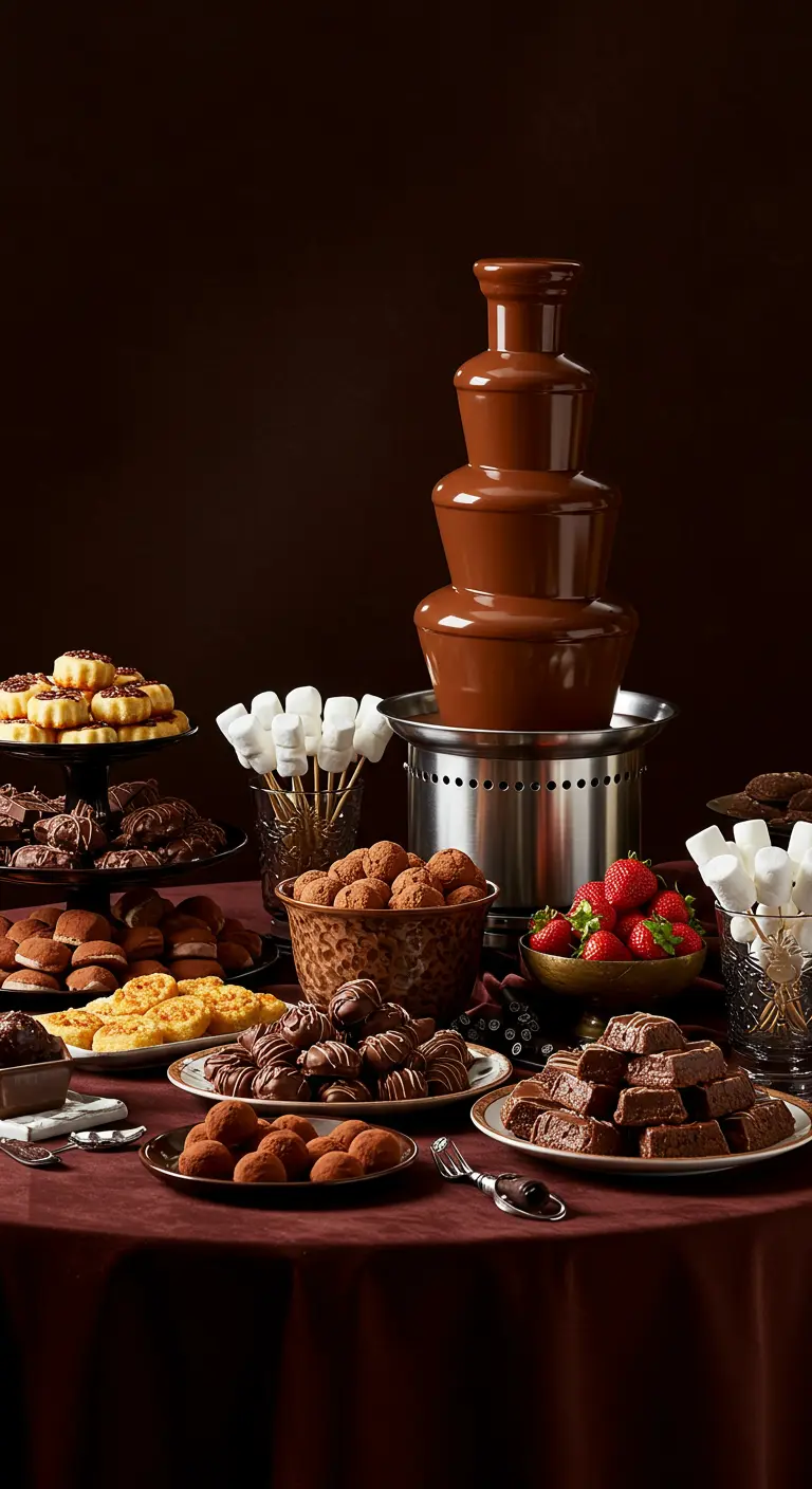 Chocoladefontein omringd door schalen met aardbeien, marshmallows, brownies en bonbons.
