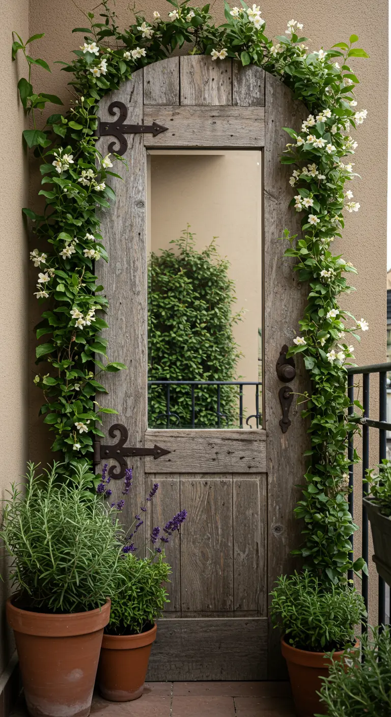 Spiegel in een oude houten deur, omlijst door witte klimrozen en lavendel.