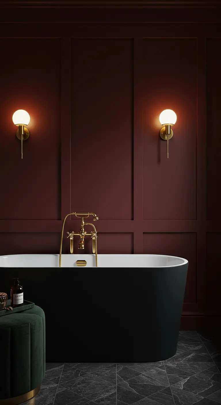 Luxe badkamer met bordeauxrode wandpanelen, een zwart bad en gouden kranen.