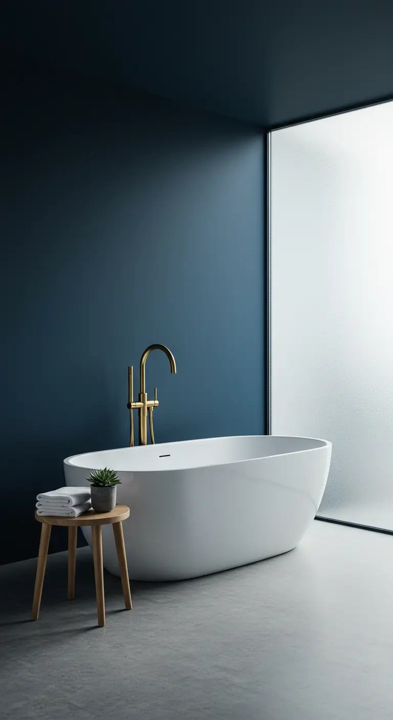 Minimalistische badkamer met nachtblauwe accentmuur, vrijstaand wit bad en gouden kraan.