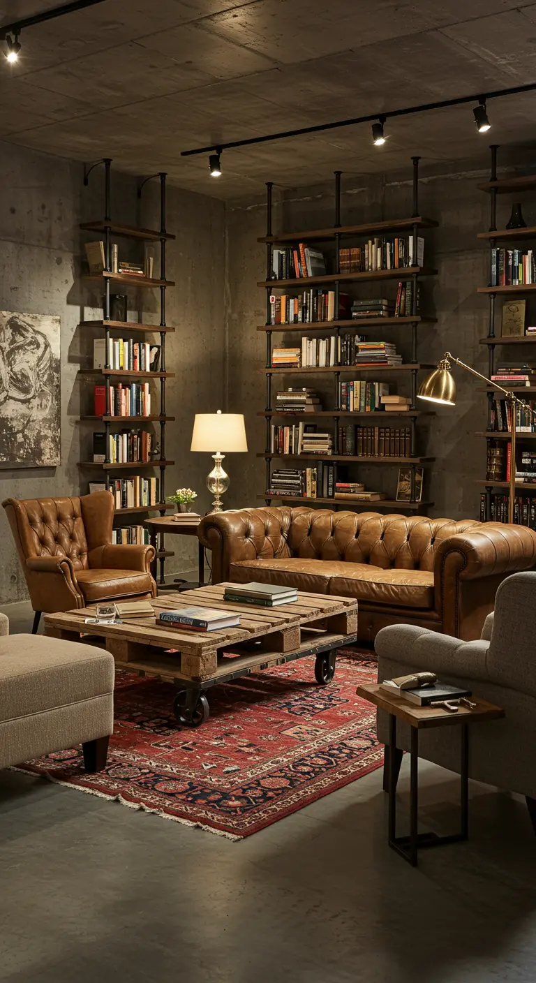 Woonkamer in industriële stijl met een salontafel van pallets en boekenkasten van steigerbuizen.