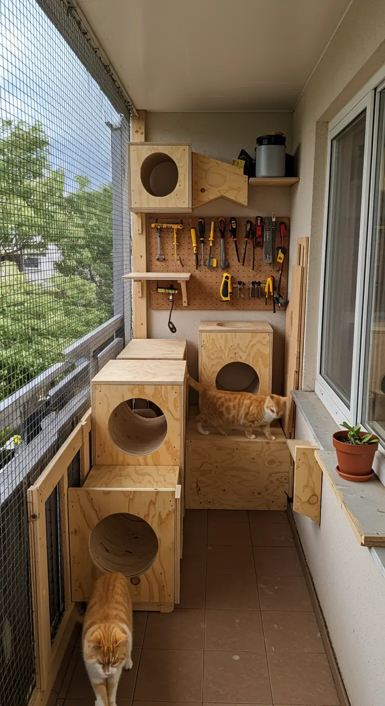 Twee katten op een zelfgemaakt houten klimparadijs op een afgeschermd balkon.