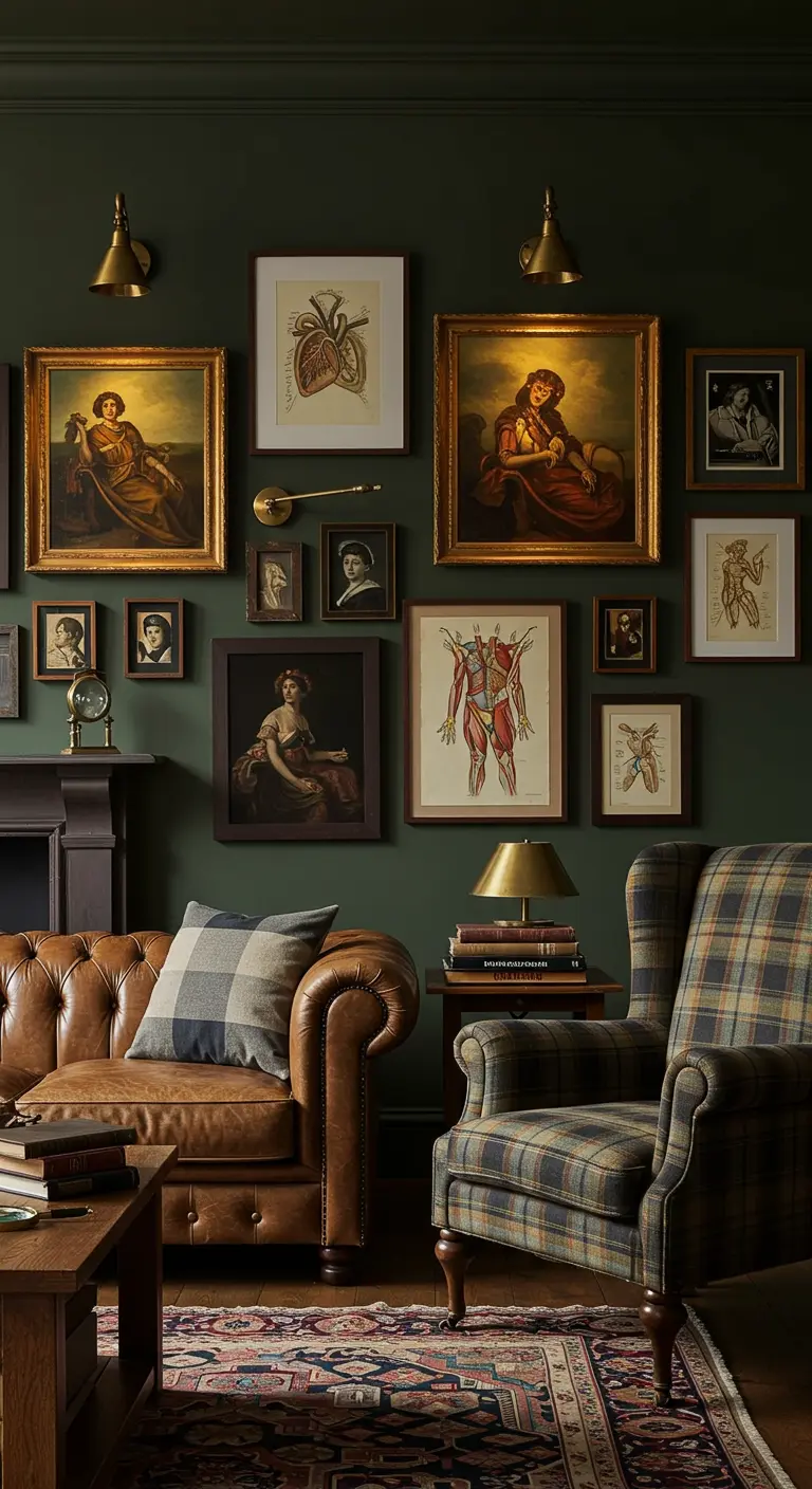 Klassieke galerijmuur met portretten en anatomische tekeningen tegen een donkergroene wand.