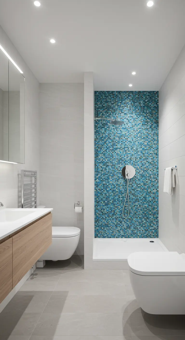 Witte badkamer met een inloopdouche met een accentmuur van blauwe mozaïektegels.