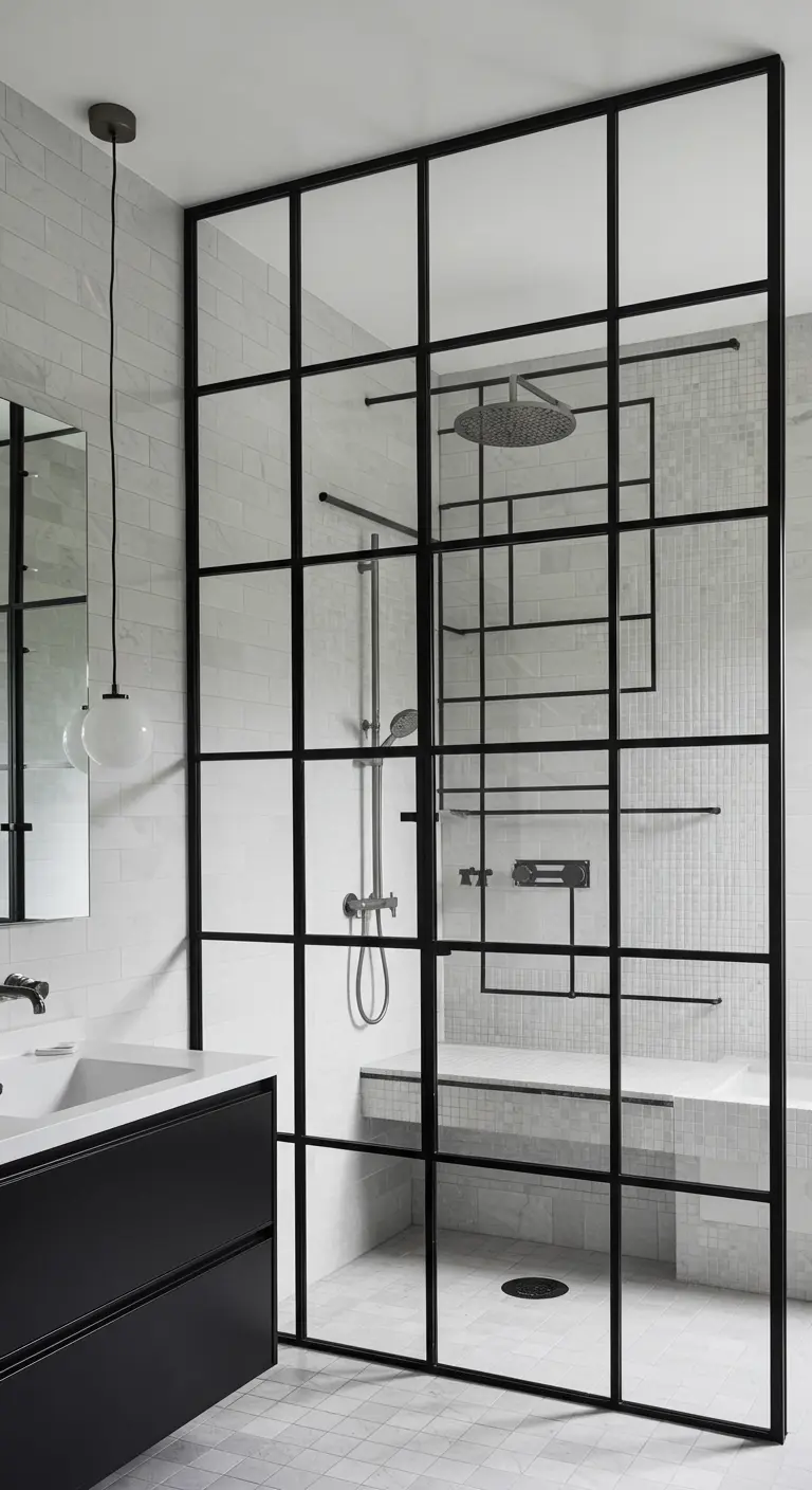 Witte badkamer met een stalen douchewand met een asymmetrisch lijnenspel.
