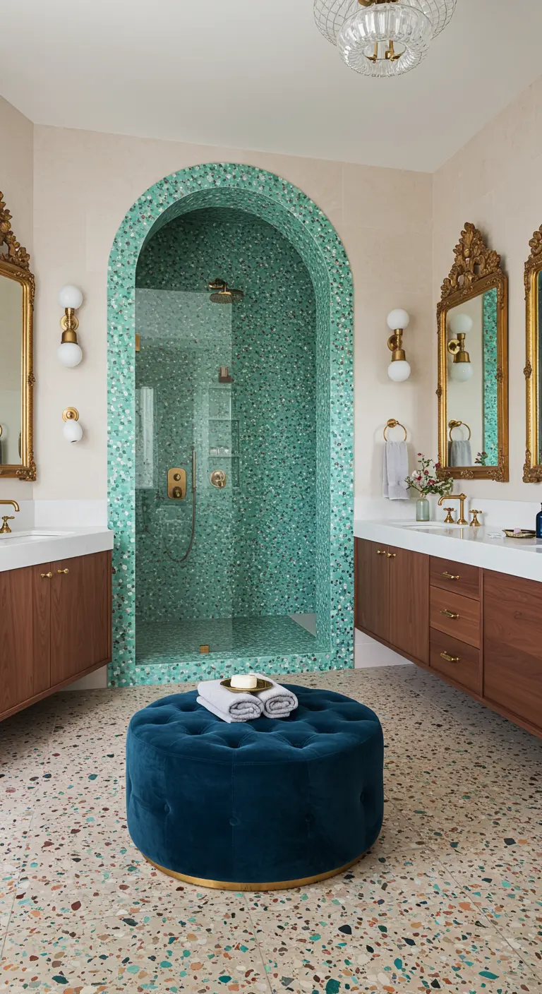 Badkamer met een boogvormige douche, bekleed met turquoise mozaïek.