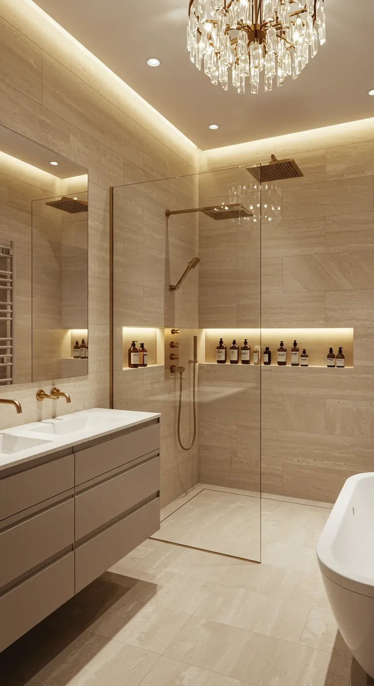 Luxe inloopdouche met verlichte nissen en een grote glazen wand in een beige badkamer.