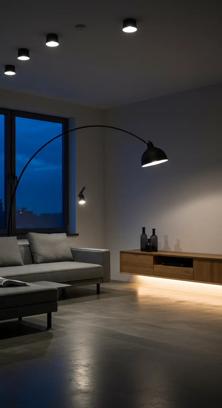 Minimalistische woonkamer met booglamp, spots en LED-strip onder een tv-meubel.