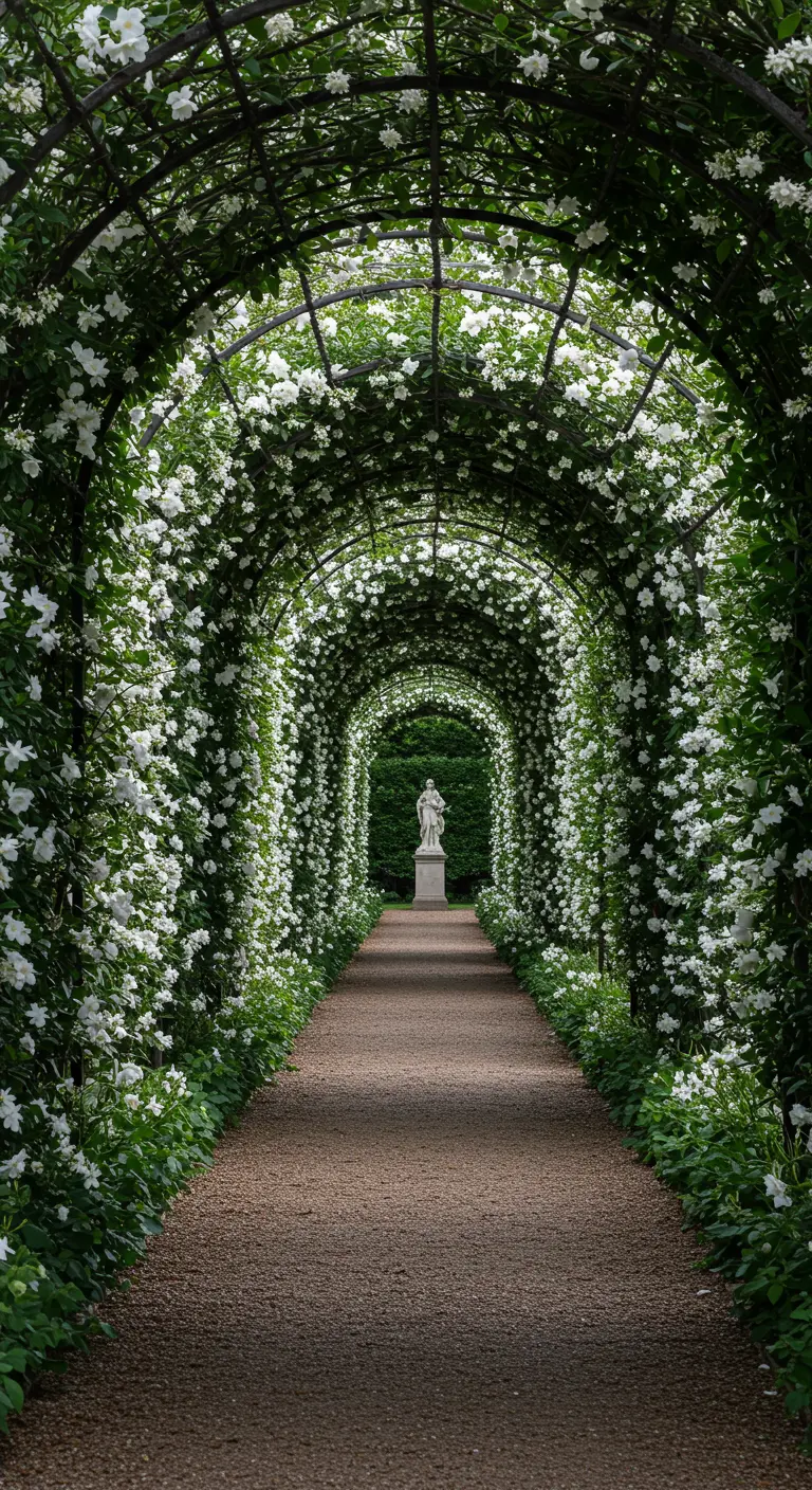Lange tunnelboog volledig begroeid met witte bloemen in een formele tuin.