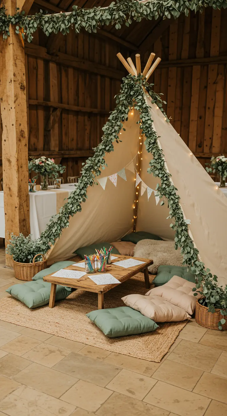 Stijlvolle tipi-tent voor kinderen op een bruiloft, versierd met eucalyptus.