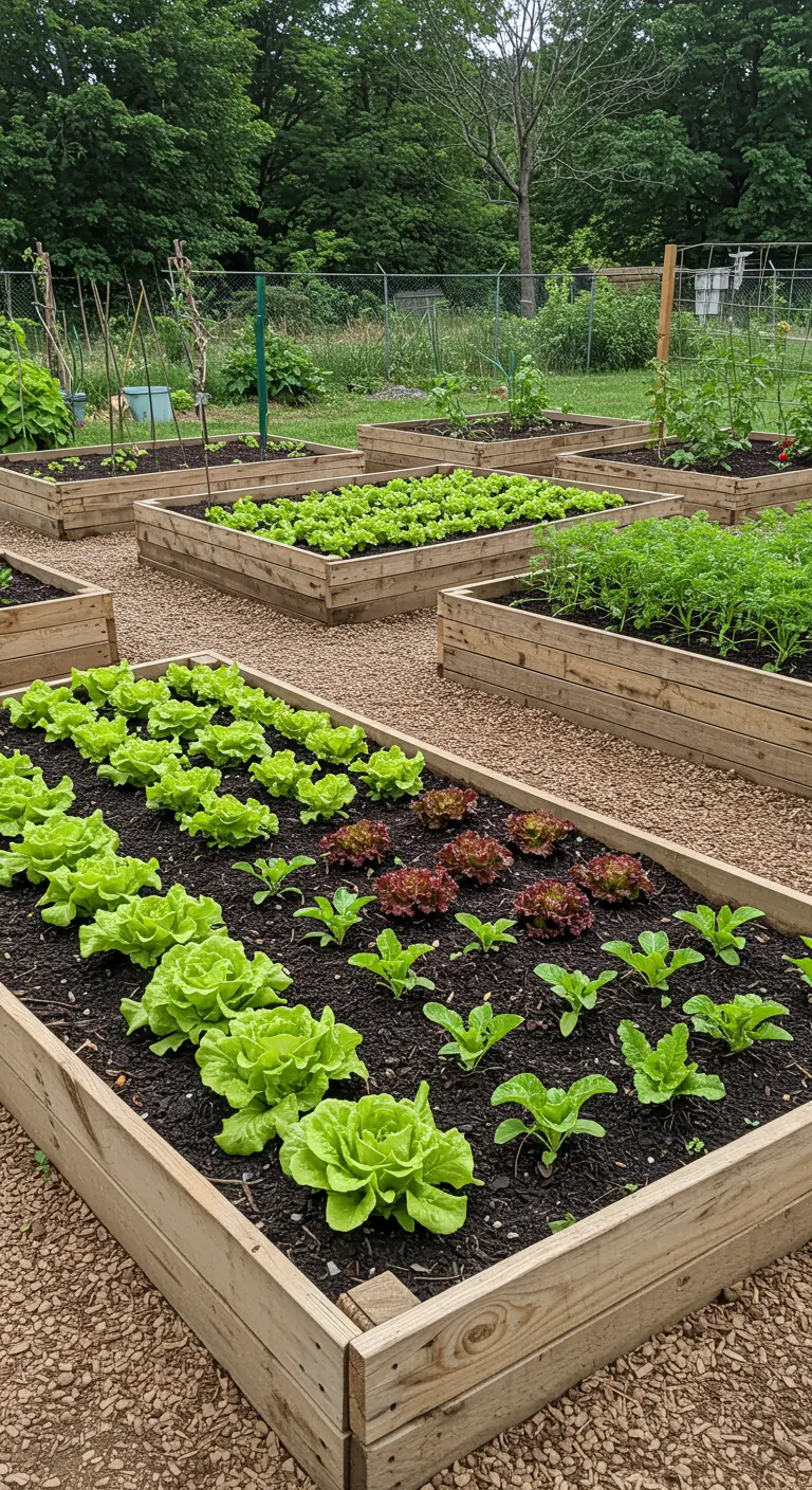 Verhoogde moestuinbedden gemaakt van palletplanken, gevuld met verschillende soorten sla.