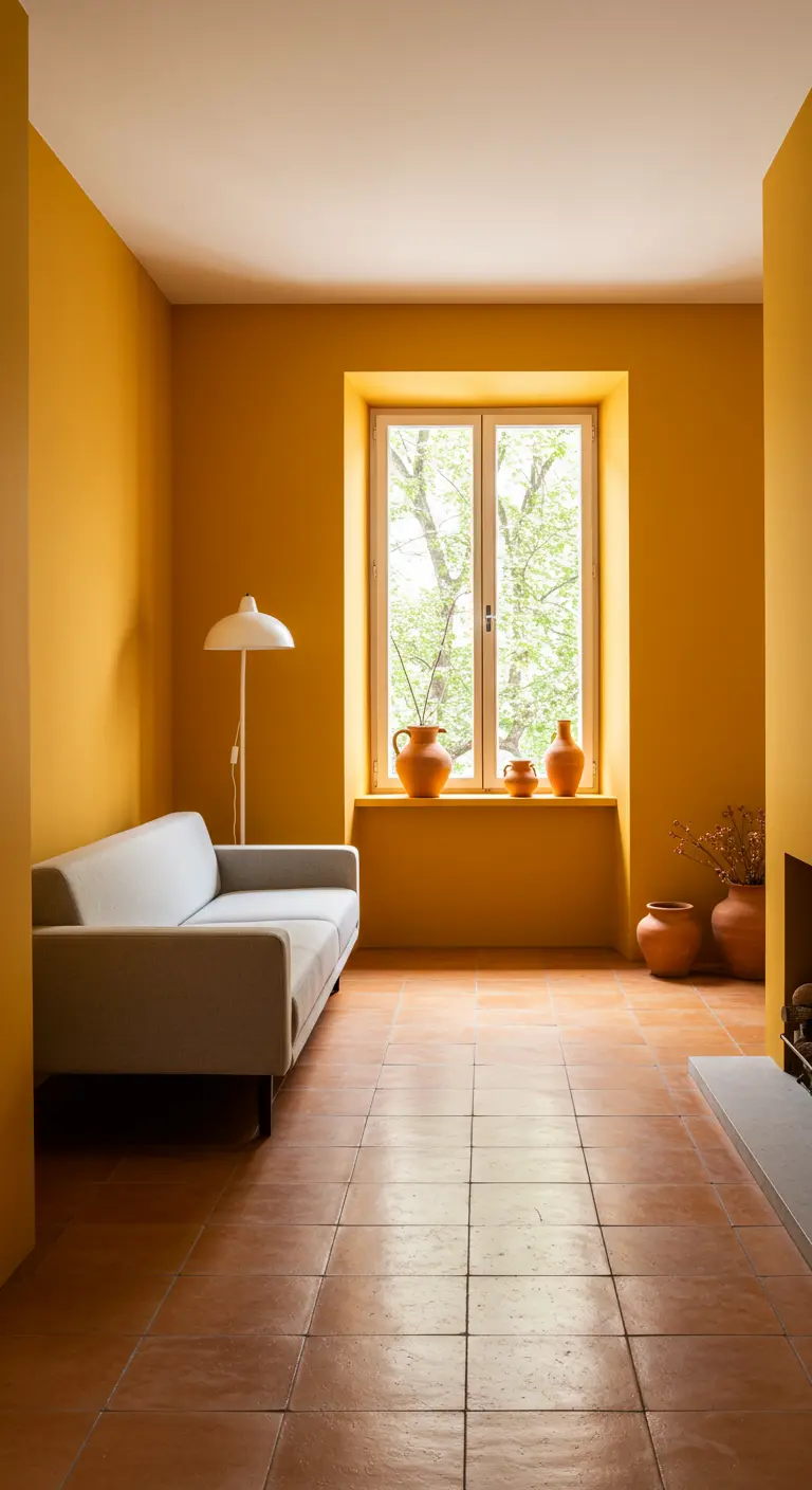 Kamer volledig geschilderd in okergeel met een grijze bank en een terracotta tegelvloer.