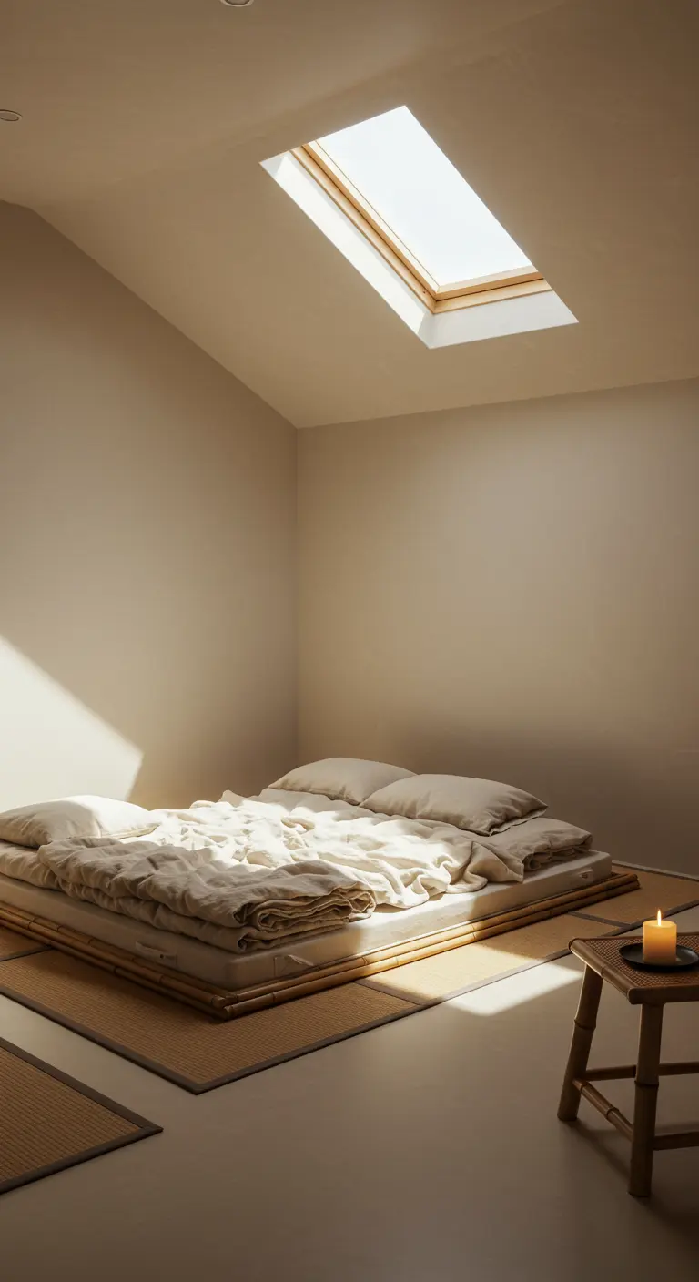 Minimalistische slaapkamer met een laag bamboe bed op de vloer onder een dakraam.