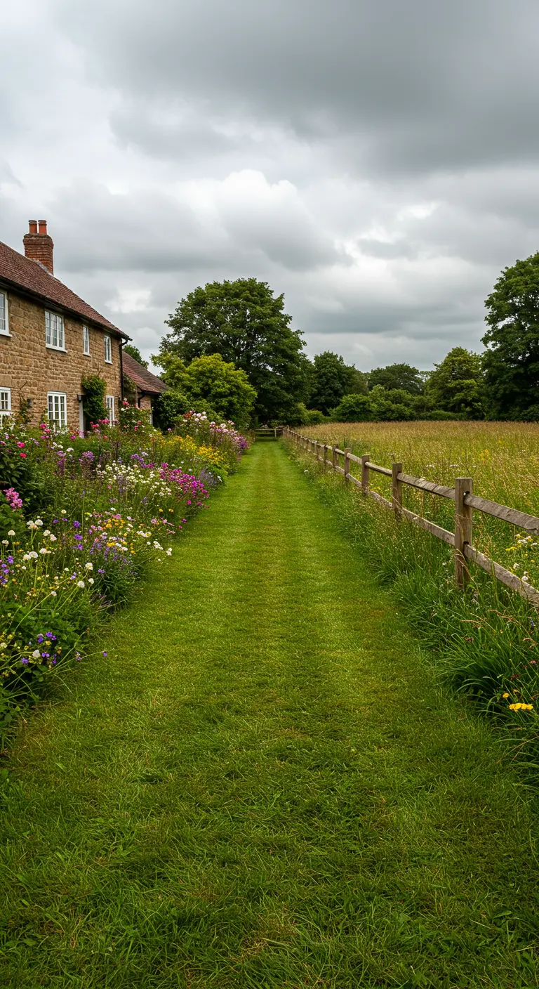 Een gemaaid graspad door een hoog grasveld met wilde bloemen, langs een houten hek op het platteland.