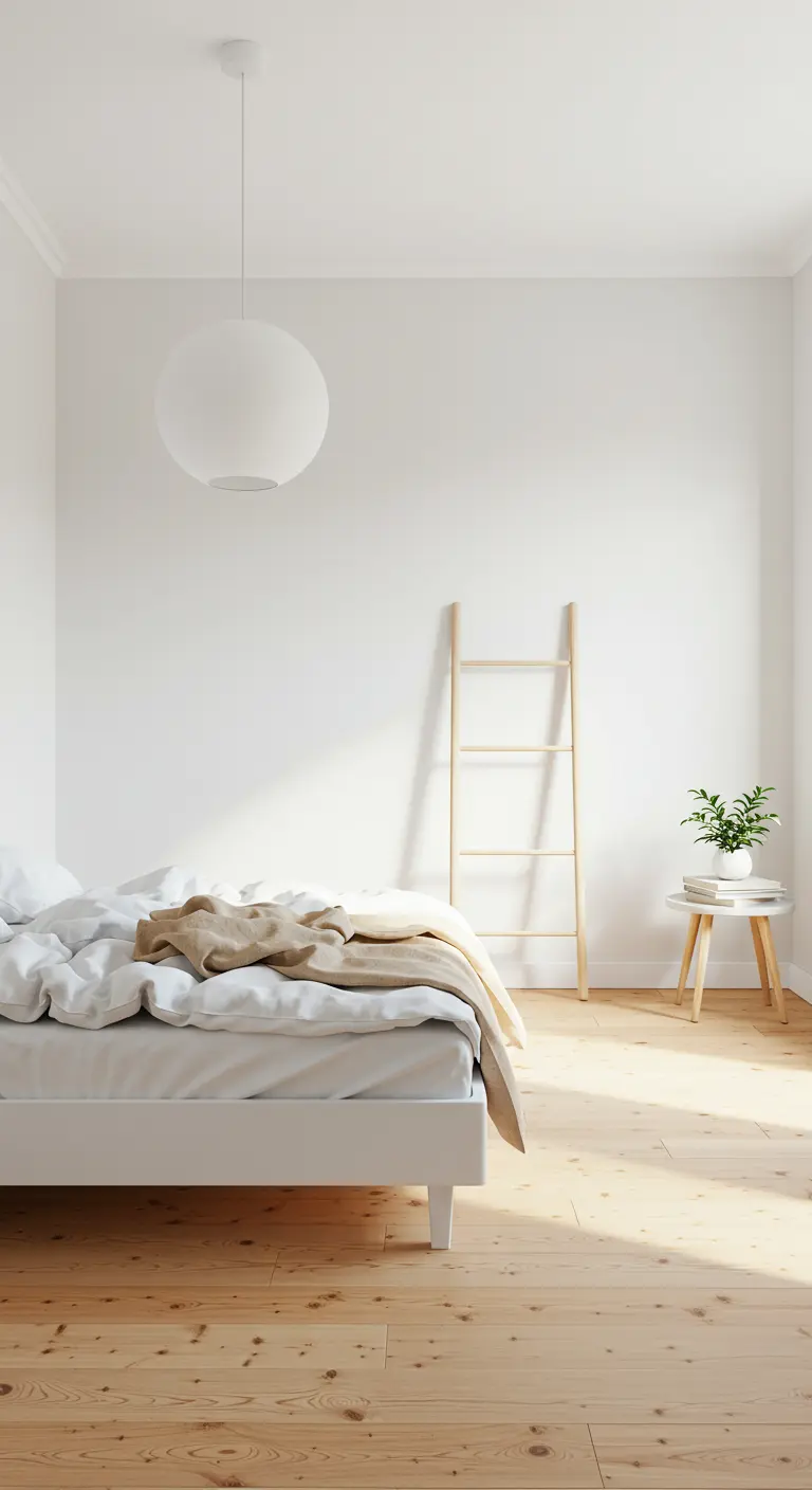 Witte slaapkamer met houten bed, decoratieladder, ronde hanglamp en plantje op krukje.