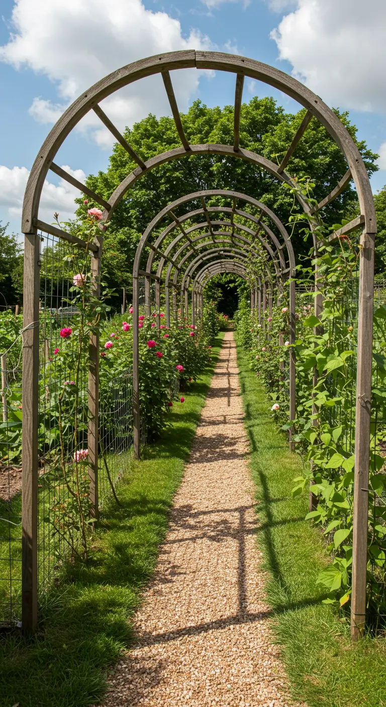 Lange, open houten tunnelconstructie met klimplanten en een pad van grind.