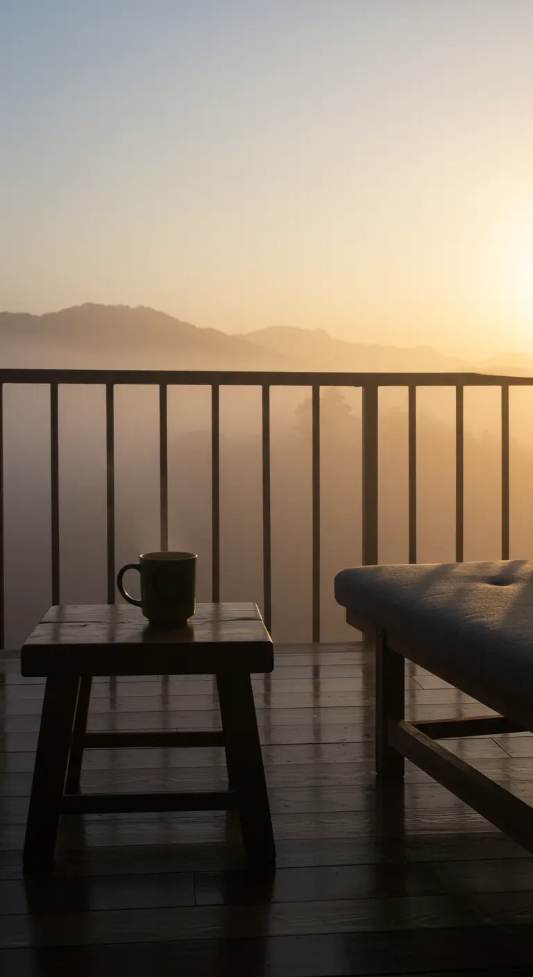 Silhouet van een krukje en een bank op een balkon bij zonsopgang.