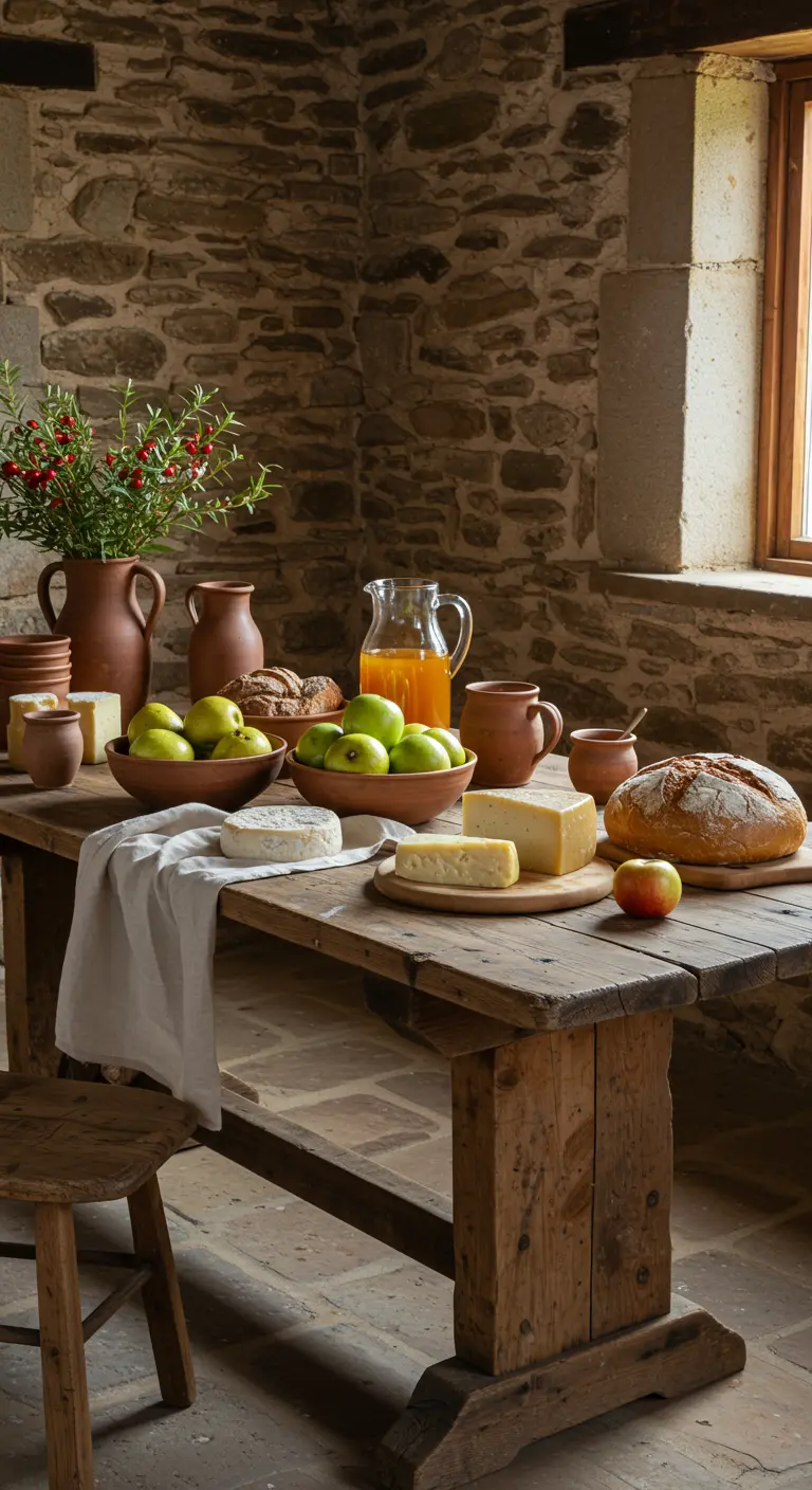 Rustieke buffettafel met brood, kaas, appels en aardewerken kannen.