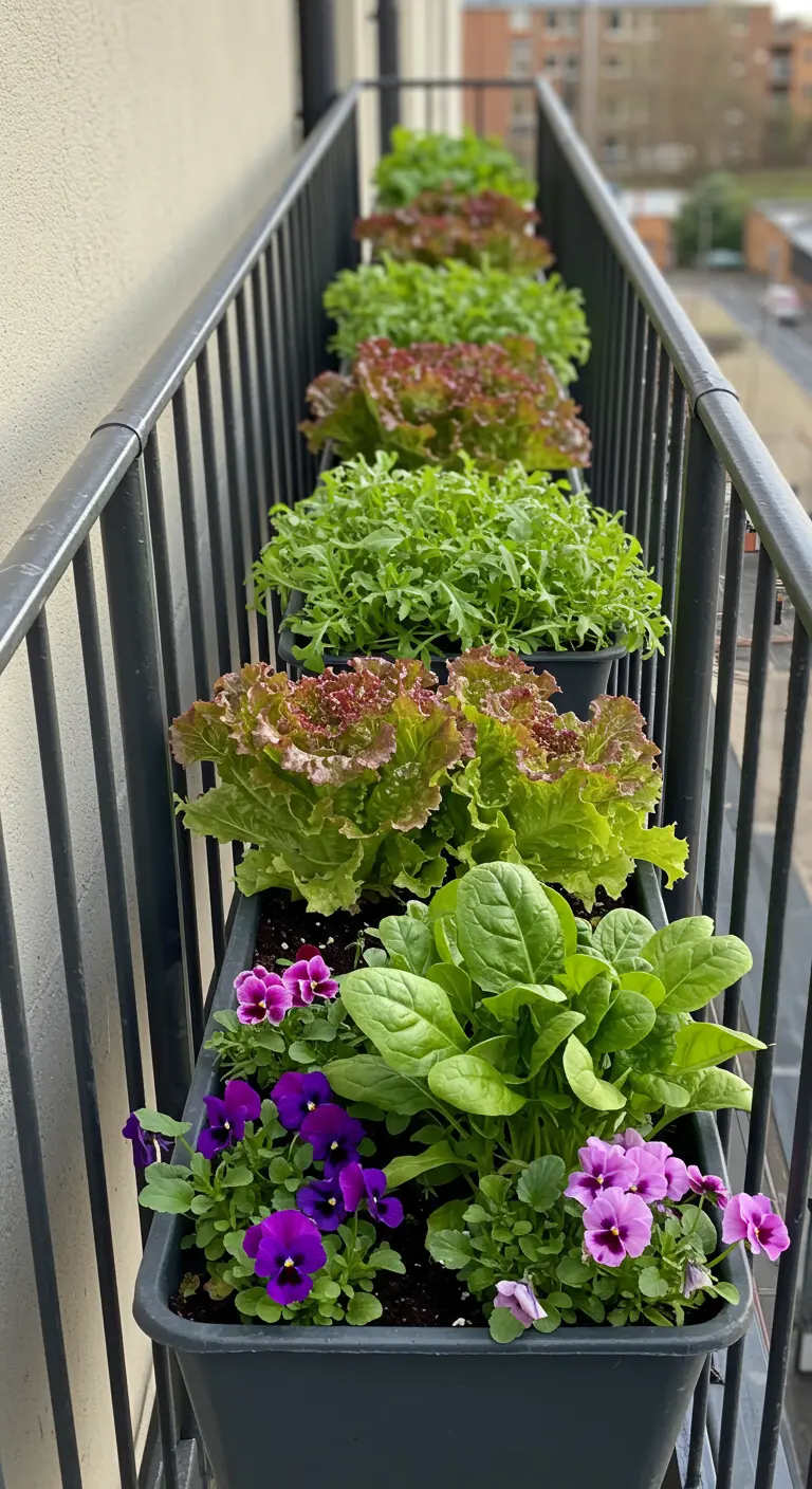 Lange plantenbakken aan een balustrade met sla, spinazie en paarse viooltjes.