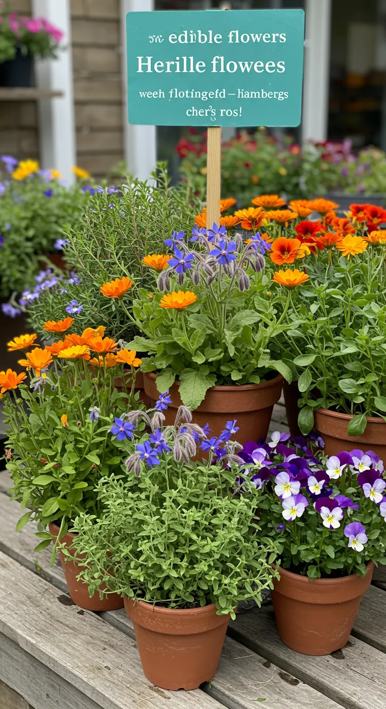 Verzameling van potten met kruiden en kleurrijke eetbare bloemen zoals goudsbloemen.