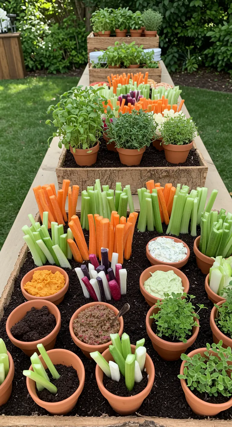 Creatieve borrelplank in de vorm van een moestuin met groentesticks en dips in potjes.