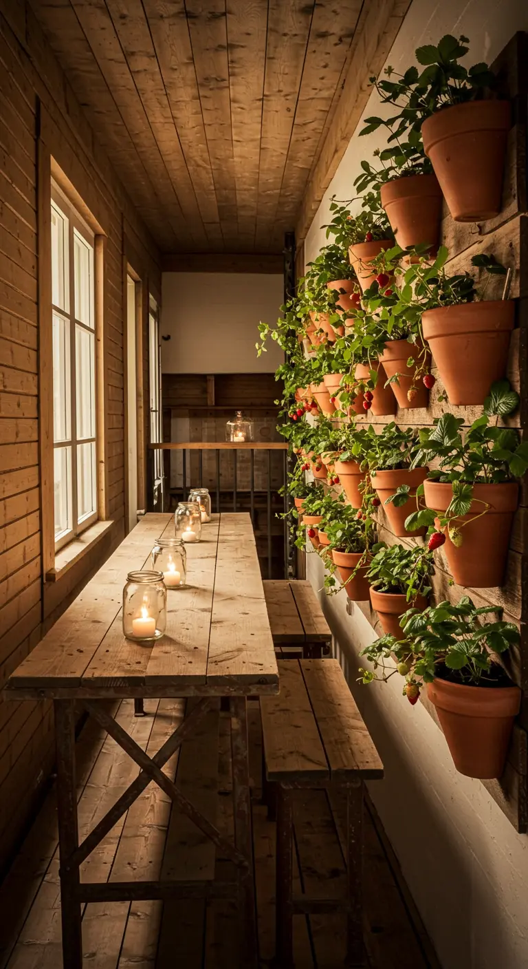 Smalle veranda met een verticale tuin van aardbeien in terracotta potten en een lange houten tafel.