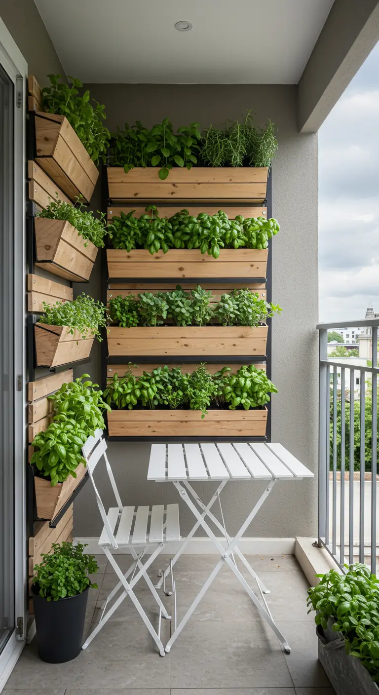 Balkon met een grote verticale tuin vol met verse kruiden naast een wit bistrosetje.