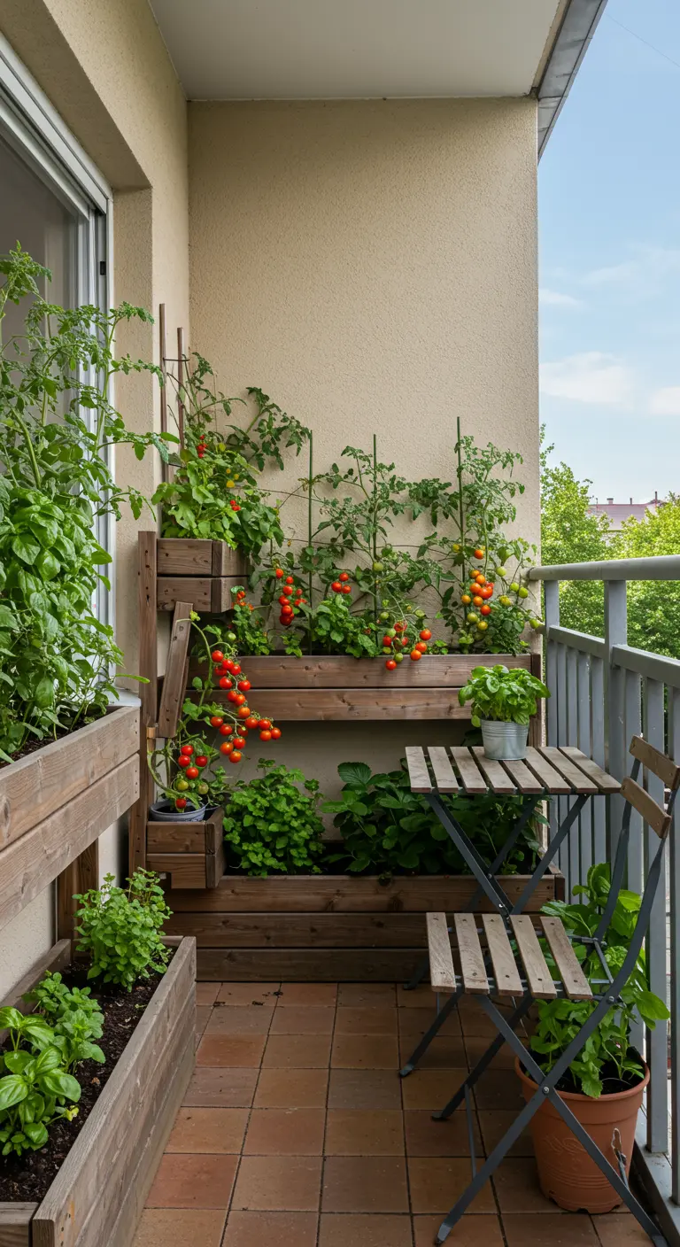 Balkonmoestuin met houten plantenbakken vol tomaten, aardbeien en verse kruiden.