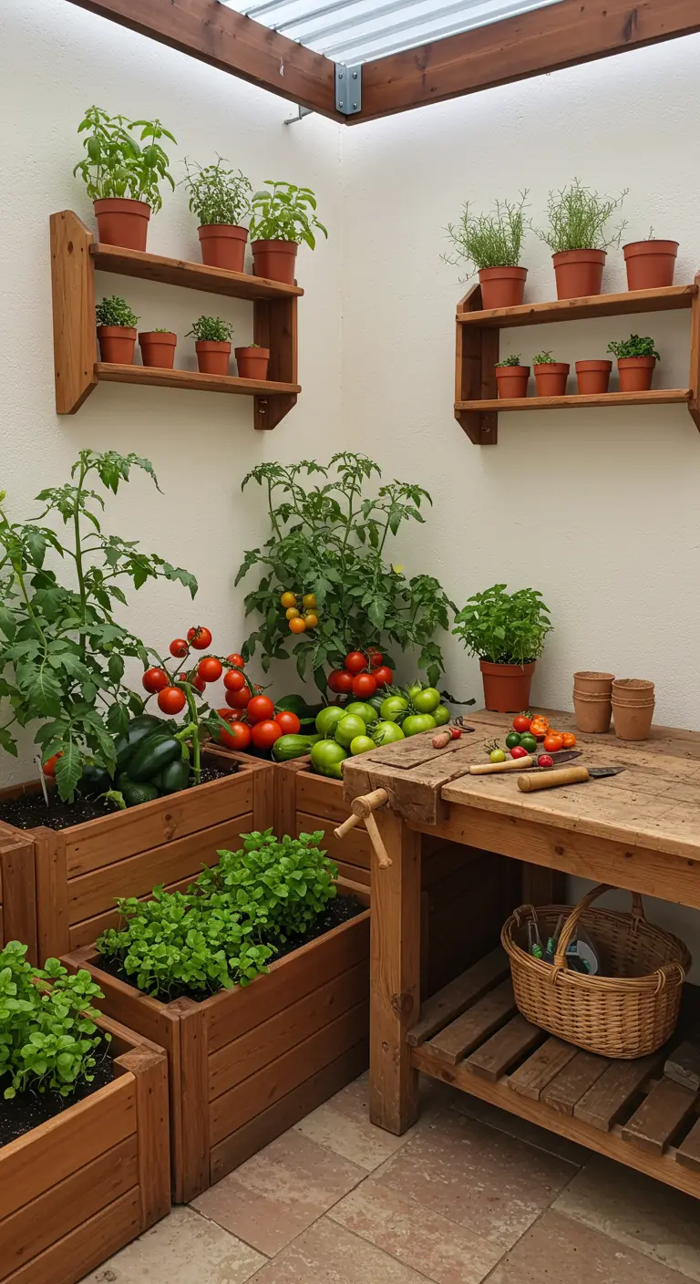 Kleine moestuin op een patio met houten kweekbakken vol tomaten en kruiden.
