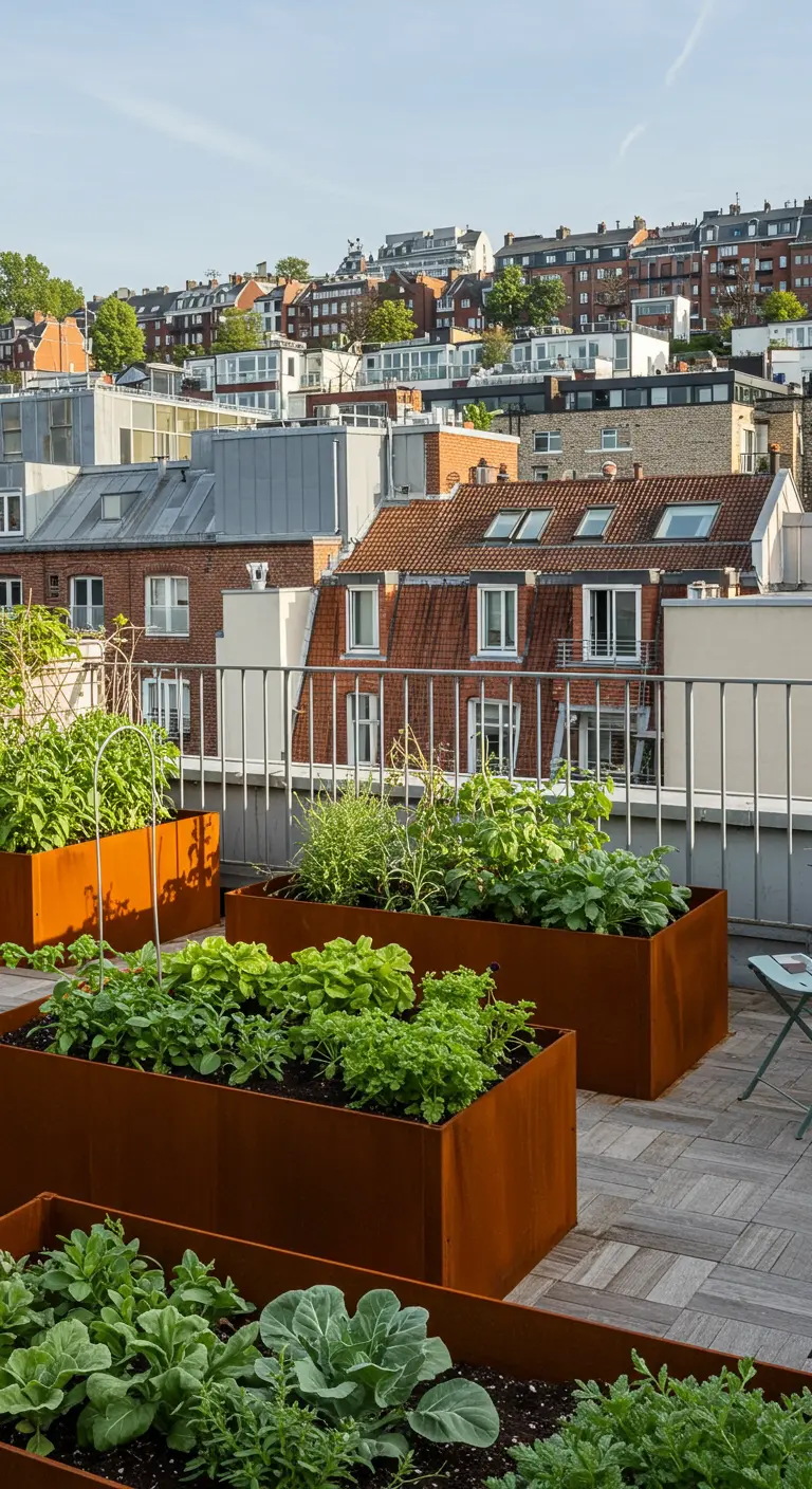 Dakterras met een moestuin in grote cortenstaal bakken en uitzicht over de stad.