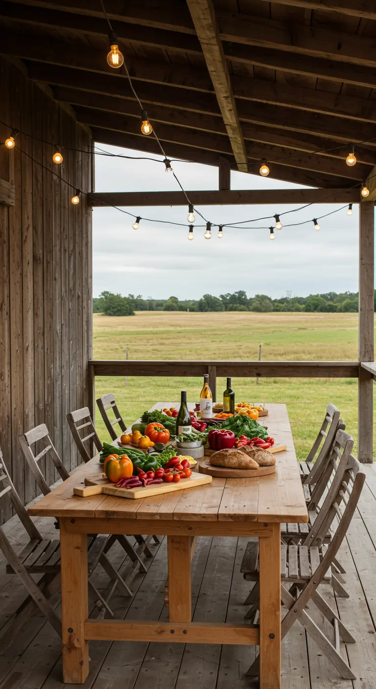 Rustieke houten veranda tafel vol met verse groenten, brood en wijn, klaar voor een feestmaal.
