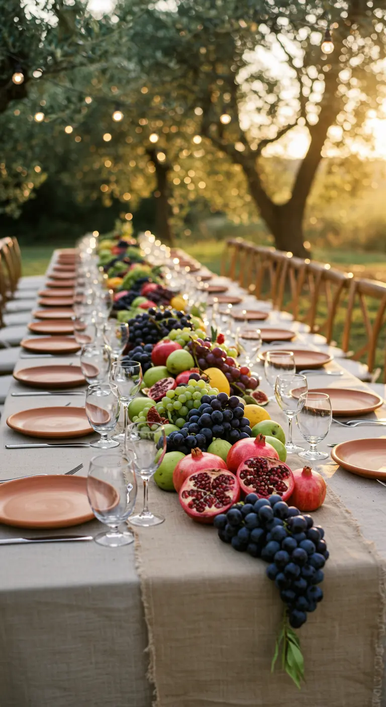 Lange buitentafel met een tafelloper van vers fruit zoals druiven en granaatappels.