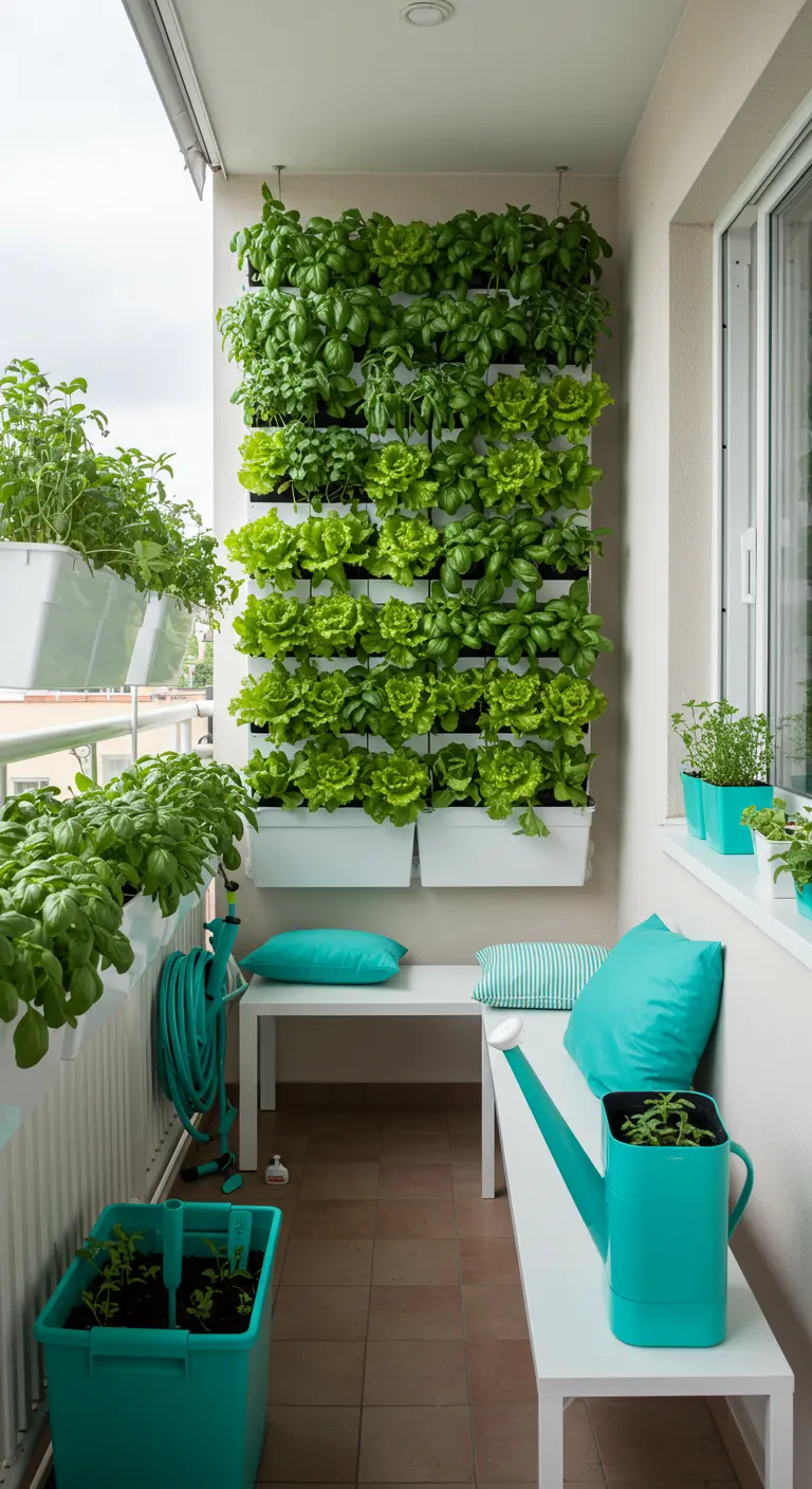 Smal balkon met een grote verticale tuin vol sla, witte bankjes en turquoise accenten.
