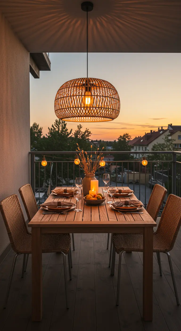 Eettafel op balkon met een grote rotan hanglamp erboven, sfeervol verlicht bij zonsondergang.