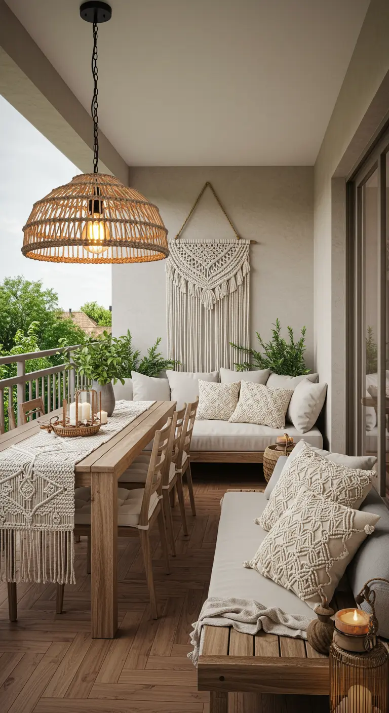 Ruim balkon ingericht als eetkamer met een grote geweven lamp, macramé loper en kussens.