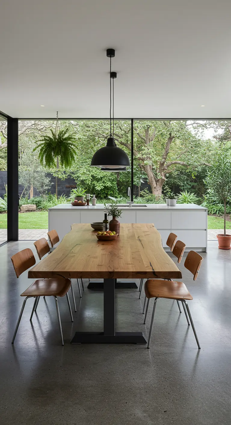 Eetruimte met betonnen vloer, grote glazen pui en een massief houten eettafel met organische randen.