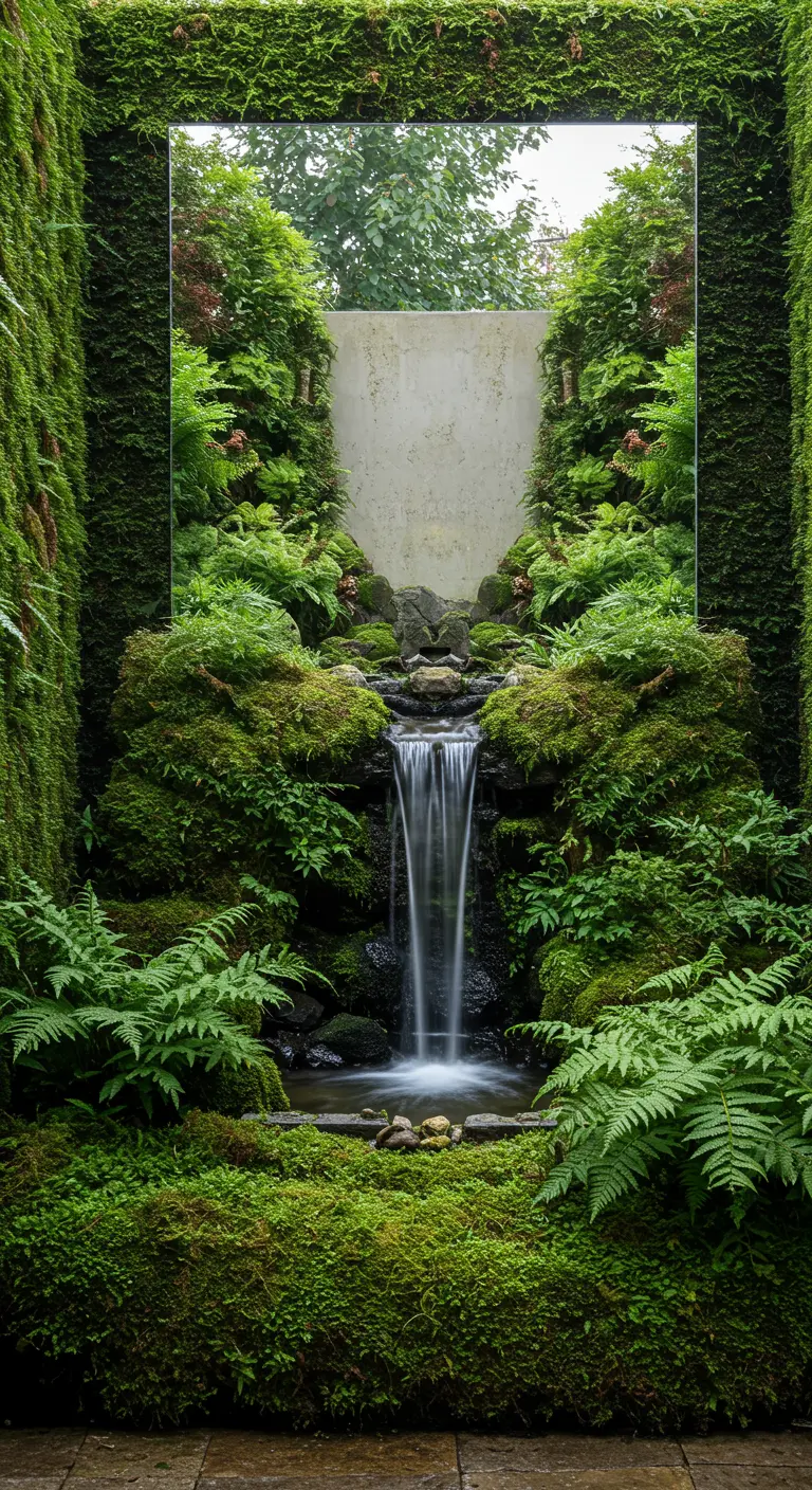 Spiegel achter een kleine waterval in een tuin vol mos en varens.