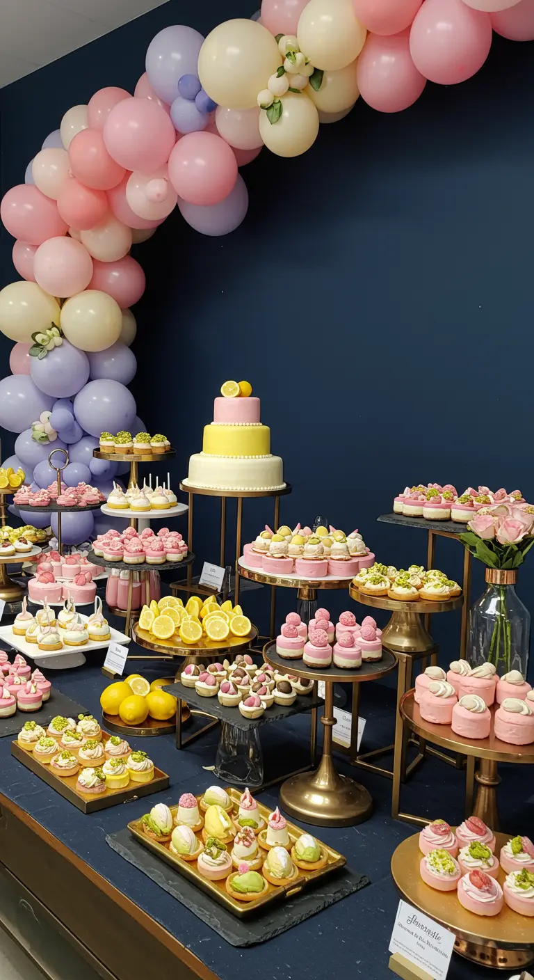 Uitgebreid dessertbuffet met pastelkleurige taarten en hapjes tegen een donkerblauwe muur.